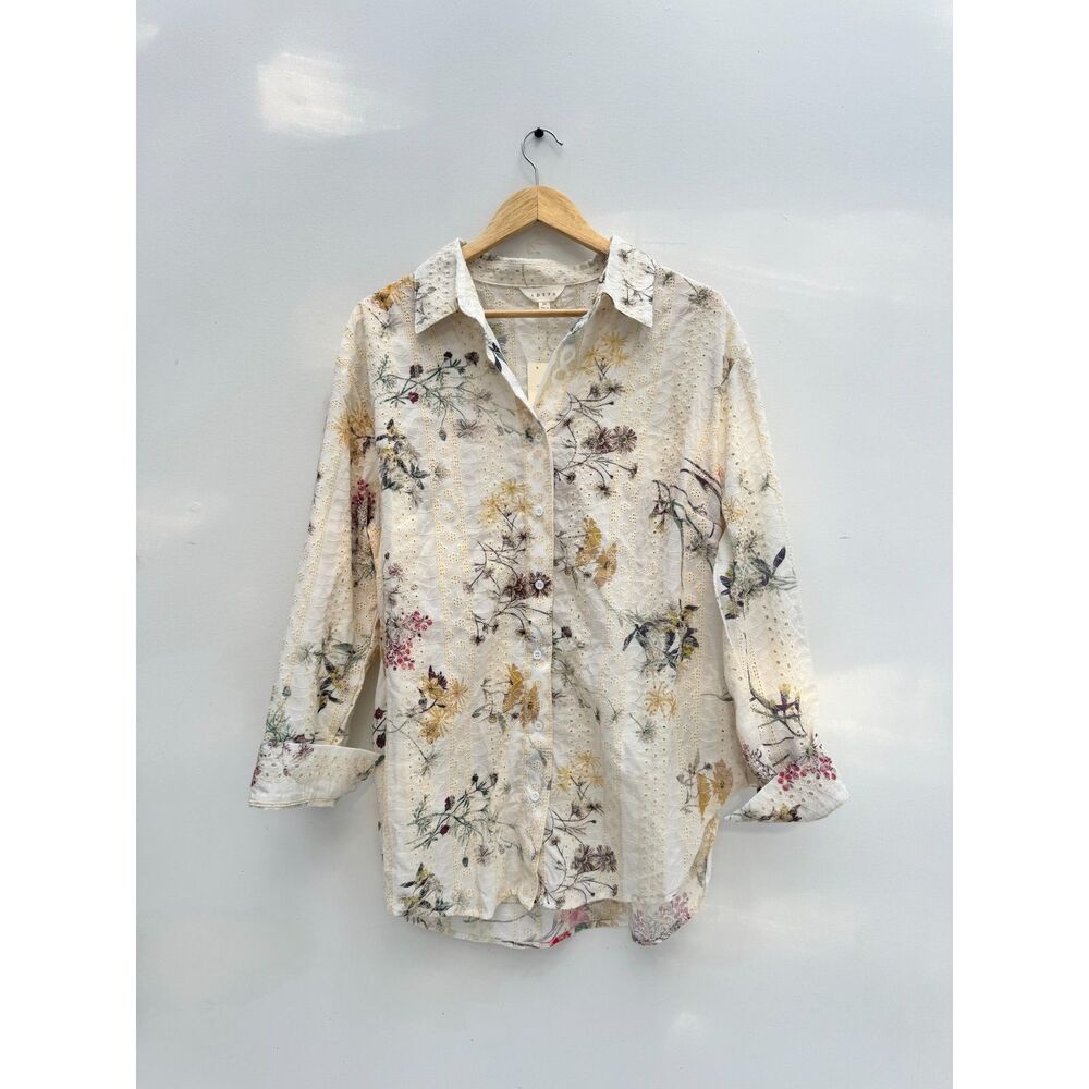 NWT Adiva Floral Eyelet Button Down Shirt Boho Wildflower Long Sleeve 2X